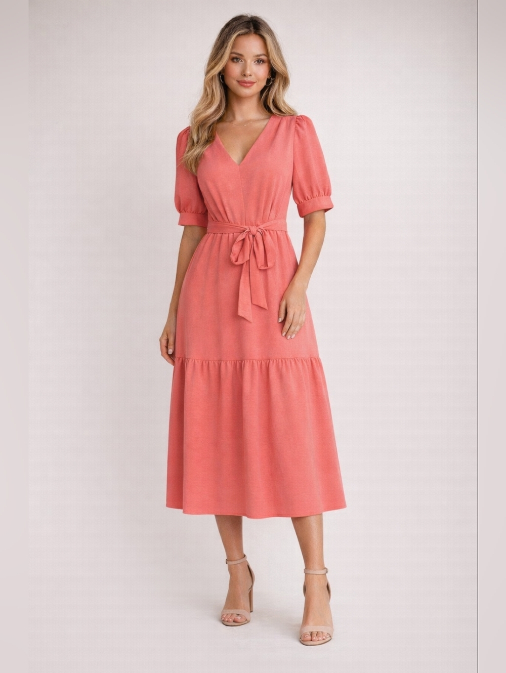 DKNY Coral Midi Dress Size 12 Puff Sleeve V-Neck Tie Waist Tiered Skirt